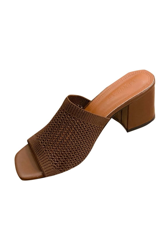 Women's Knit Upper Block Heel Mules Open Toe Slip On Sandals Trendy Summer Party Shoes Comfortable Chunky Heel Footwear for Evening Casual Wear Solid Colors