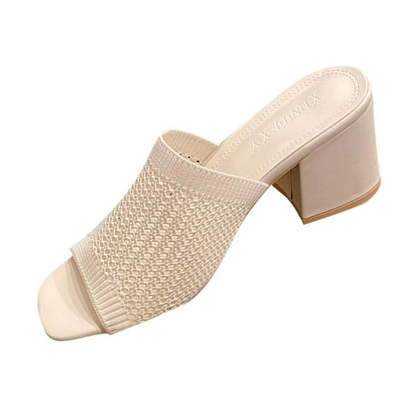 RUIYANQI Women's Knit Upper Block Heel Mules Open Toe Slip On Sandals Trendy Summer Party Shoes Comfortable Chunky Heel Footwear for Evening Casual Wear Solid Colors