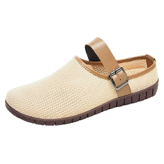 RUIYANQI Women's Knit Upper Mary Jane Flats Buckle Strap Loafers Breathable Casual Footwear Comfortable Walking Shoes Lightweight Beige Women Sandal