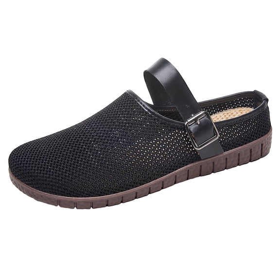 RUIYANQI Women's Knit Upper Mary Jane Flats Buckle Strap Loafers Breathable Casual Footwear Comfortable Walking Shoes Lightweight Black Women Sandal