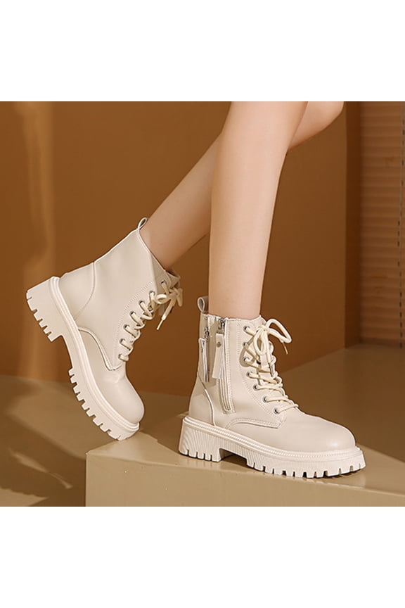 Women's Lace Up Combat Boots Side Zipper Design Chunky Platform Heel Footwear Trendy Fashion Ankle Boots Fall Winter Shoes Beige Women Sandals