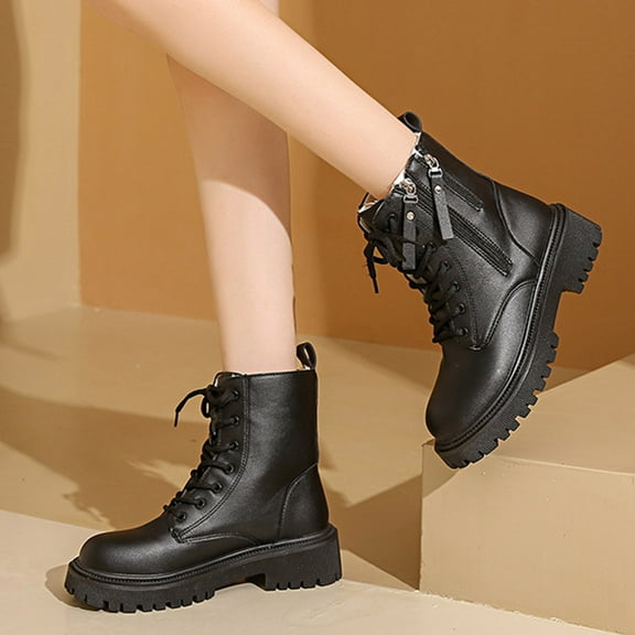RUIYANQI Women's Lace Up Combat Boots Side Zipper Design Chunky Platform Heel Footwear Trendy Fashion Ankle Boots Fall Winter Shoes Black Women Sandals