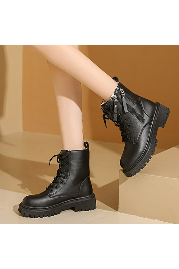Women's Lace Up Combat Boots Side Zipper Design Chunky Platform Heel Footwear Trendy Fashion Ankle Boots Fall Winter Shoes Black Women Sandals