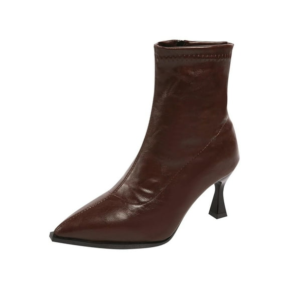 RUIYANQI Women's Leather Ankle Boots Stiletto Heel Pointed Toe Booties Side Zip Footwear Trendy Party Dress Shoes Elegant Evening Walk Brown Women Sandal