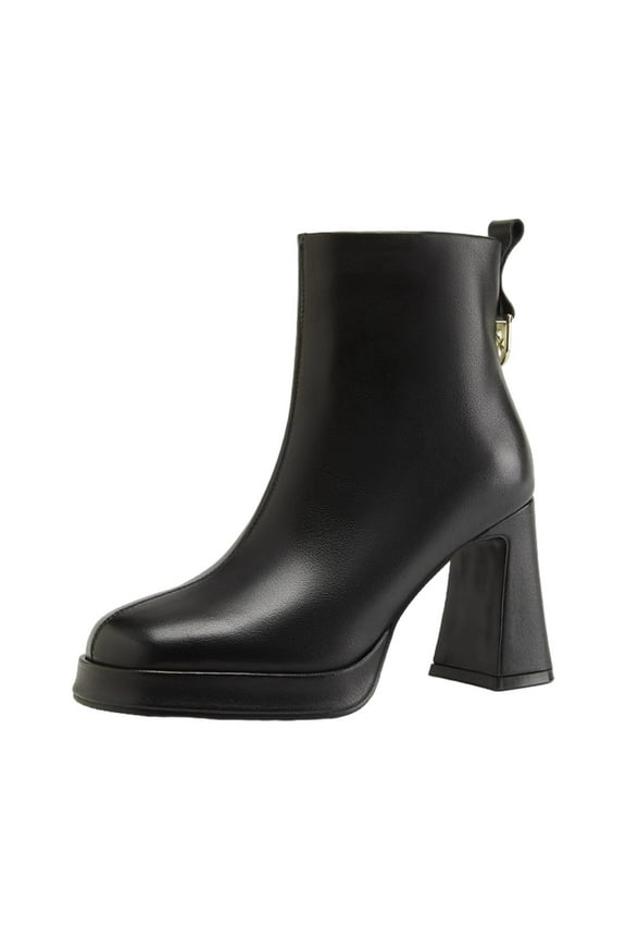 Women's Leather Chunky Heel Ankle Boots Platform Booties with Side Zip Dressy Slip - on Fall Winter Shoes for Women Black Women Sandal