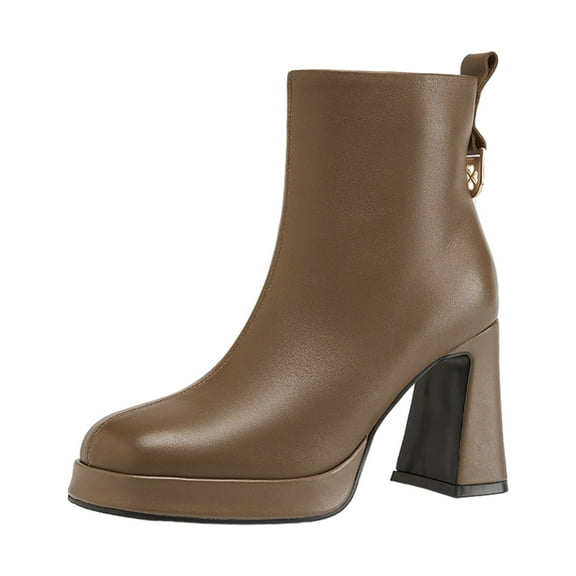 RUIYANQI Women's Leather Chunky Heel Ankle Boots Platform Booties with Side Zip Dressy Slip - on Fall Winter Shoes for Women Coffee Women Sandal