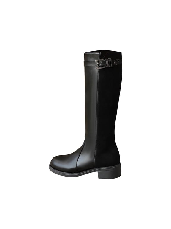 Women's Leather Knee High Riding Boots - Buckle Strap Patchwork Booties, Trendy Square Heel Footwear, Stylish Equestrian Inspired Shoes, Comfortable Fall Winter Boot