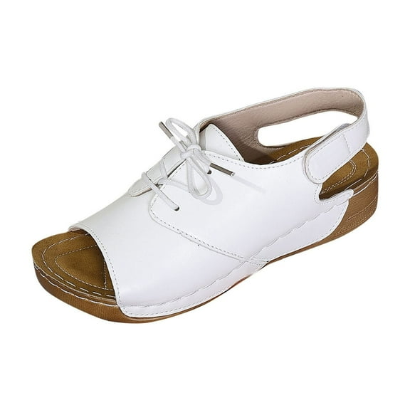 RUIYANQI Women's Leather Lace - Up Wedge Sandals,Open - Toe Summer Footwear with Adjustable Straps for Casual Daily Wear White Women Sandal