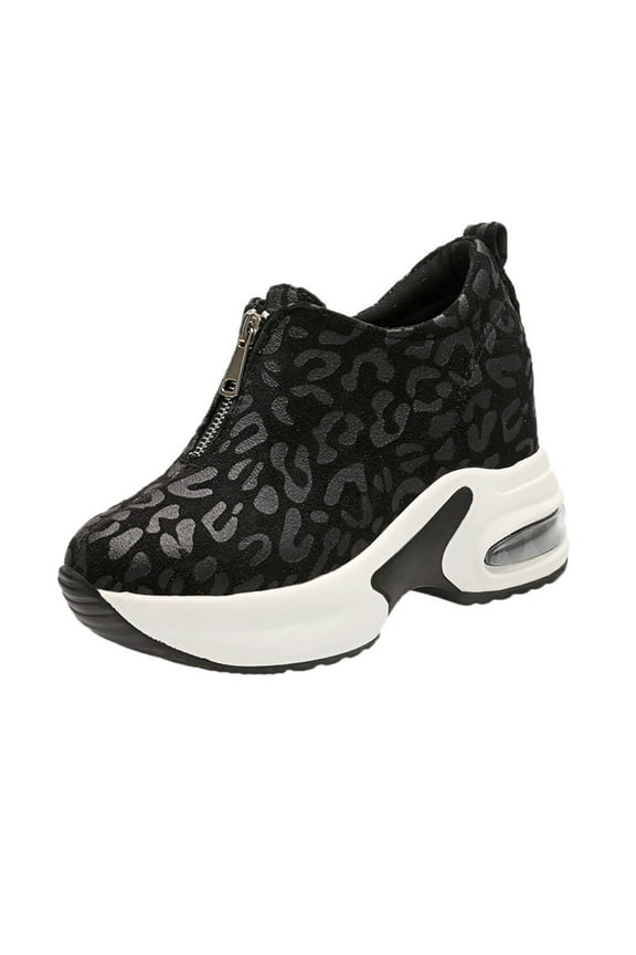 Women's Leopard Print Wedge Sneakers Front Zip Platform Sole Hidden Heel Casual Walking Shoes For Women Black Women Sandal