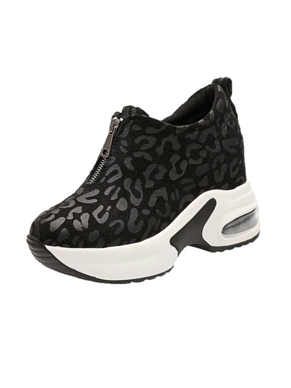 Women's Leopard Print Wedge Sneakers Front Zip Platform Sole Hidden Heel Casual Walking Shoes For Women Black Women Sandal