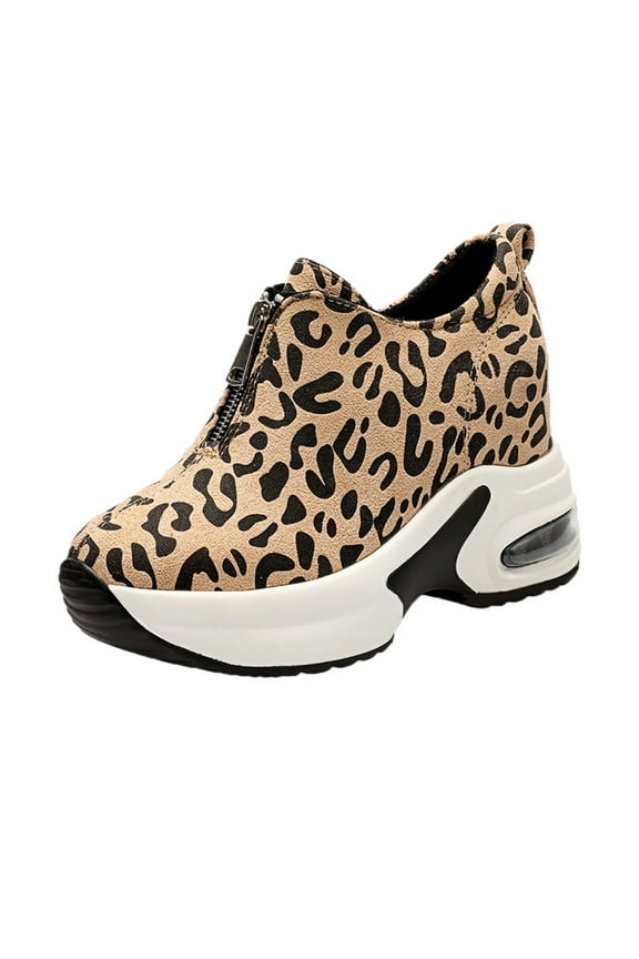 Women's Leopard Print Wedge Sneakers Front Zip Platform Sole Hidden Heel Casual Walking Shoes For Women Brown Women Sandal