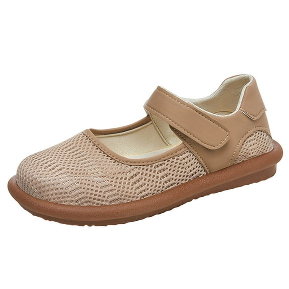 RUIYANQI Women's Mesh Mary Jane Flats Hook Loop Strap Casual Shoes Breathable Comfortable Footwear Lightweight Walking Shoes for Daily Khaki Women Sandal