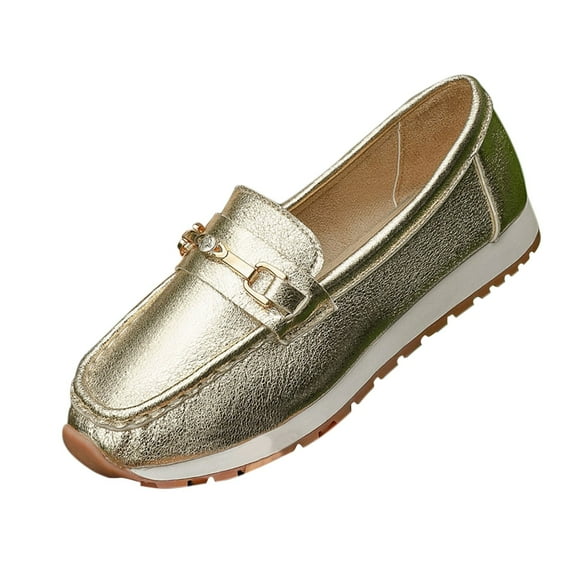 RUIYANQI Women's Metallic Loafers Chain Accent Slip On Shoes Casual Platform Moccasins Trendy Outdoor Walking Footwear Fashion Driving Shoes Gold Women Sandal