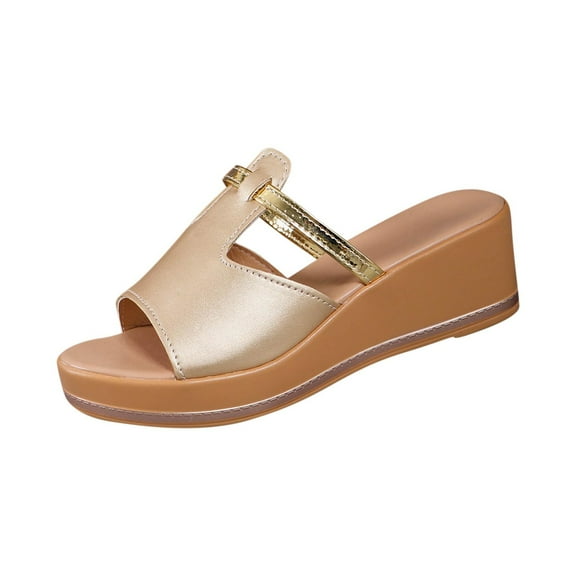 RUIYANQI Women's Metallic Strap Wedge Slide Sandals,Open - Toe Summer Footwear with Stylish Design for Casual Looks Gold Women Sandal