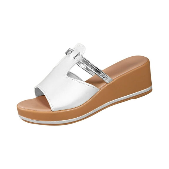 RUIYANQI Women's Metallic Strap Wedge Slide Sandals,Open - Toe Summer Footwear with Stylish Design for Casual Looks White Women Sandal