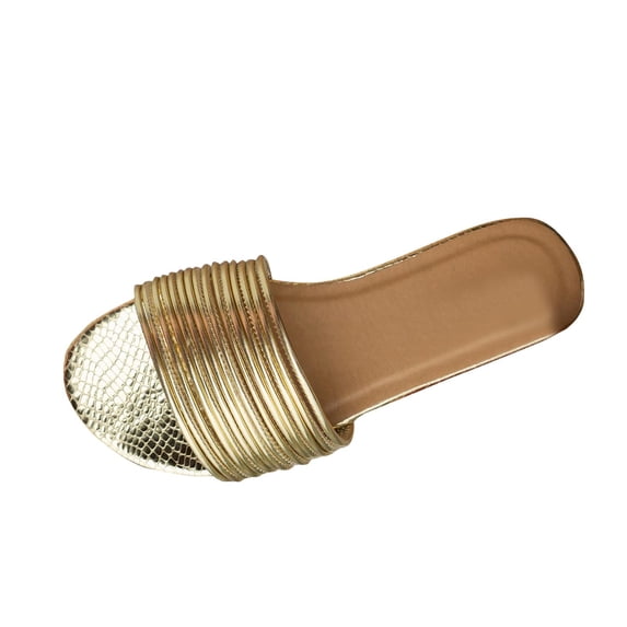 RUIYANQI Women's Metallic Strappy Slide Sandals Shiny Open Toe Flat Shoes Trendy Fashion Summer Beach Footwear Casual Walking Slippers for Outdoor Daily Wear Eye catching Design