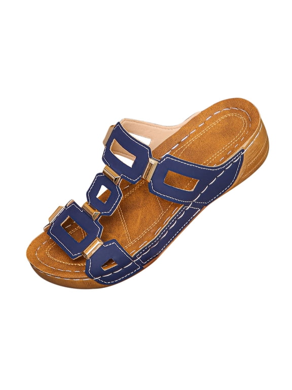 Women's Open Toe Slide Sandals Cutout Design Comfortable Wedge Heel Summer Beach Shoes Casual Outdoor Footwear Trendy Vacation Sandals Dark Blue Women Sandal