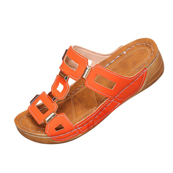 RUIYANQI Women's Open Toe Slide Sandals Cutout Design Comfortable Wedge Heel Summer Beach Shoes Casual Outdoor Footwear Trendy Vacation Sandals Orange Women Sandal