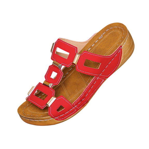 RUIYANQI Women's Open Toe Slide Sandals Cutout Design Comfortable Wedge Heel Summer Beach Shoes Casual Outdoor Footwear Trendy Vacation Sandals Red Women Sandal