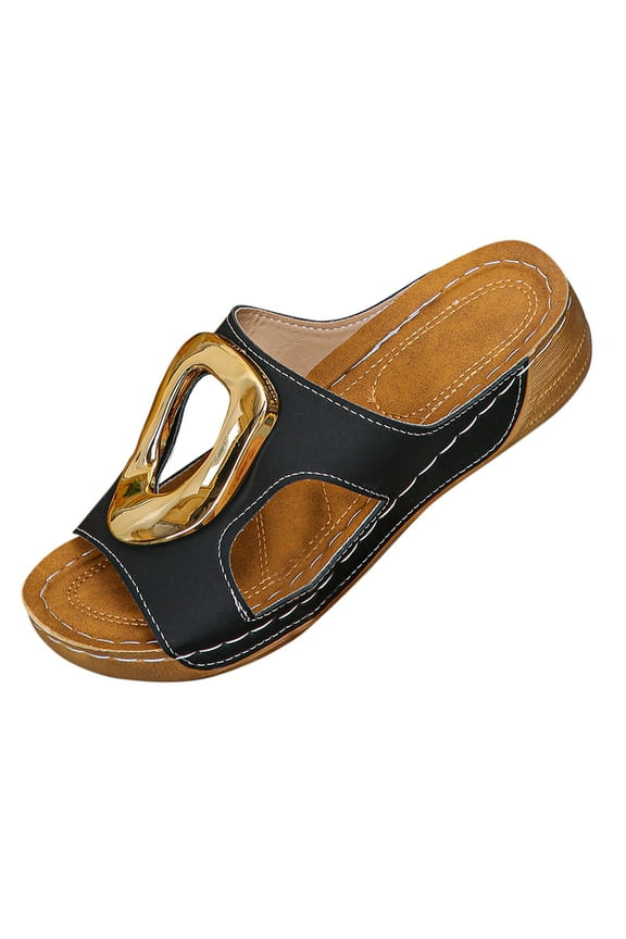 Women's Open Toe Wedge Slides Metal Accent Casual Sandals Trendy Summer Footwear Comfortable Platform Design Daily Wear Beach Shoes Black Women Sandal