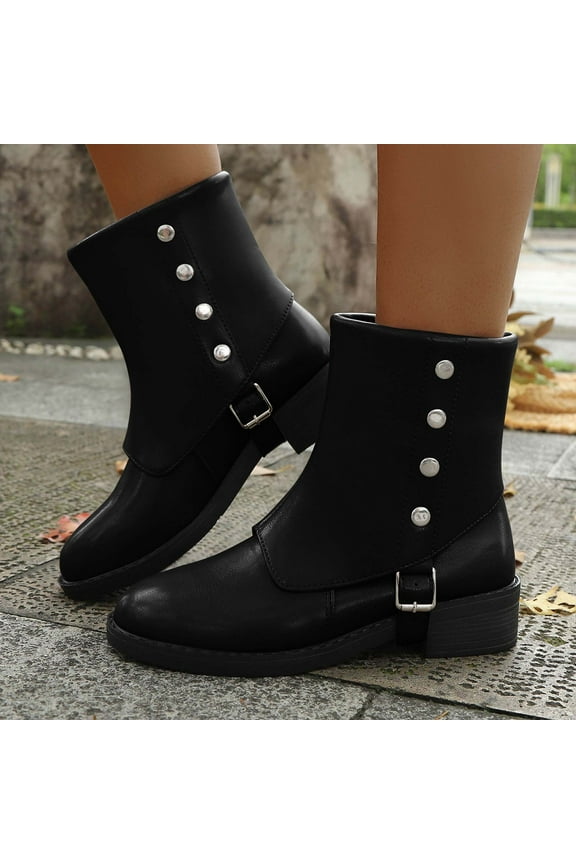Women's PU Leather Ankle Boots Buckle Strap Design Rivet Decor Footwear Block Heel Shoes Trendy Fashion Fall Winter Dress Casual Boots Black Women Sandals