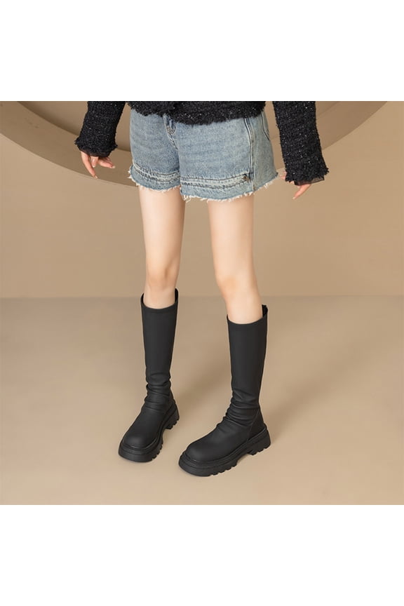 Women's PU Leather Knee High Boots Chunky Sole Design Sock Trim Footwear Round Toe Shoes Trendy Fashion Fall Winter Casual Riding Boots Black Women Sandals