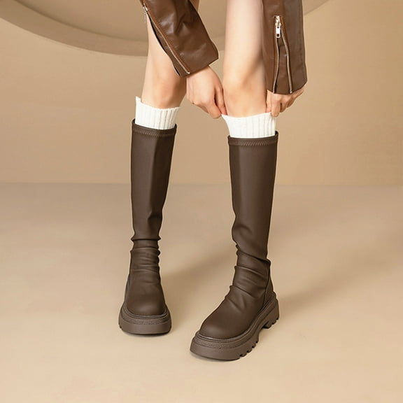 RUIYANQI Women's PU Leather Knee High Boots Chunky Sole Design Sock Trim Footwear Round Toe Shoes Trendy Fashion Fall Winter Casual Riding Boots Brown Women Sandals