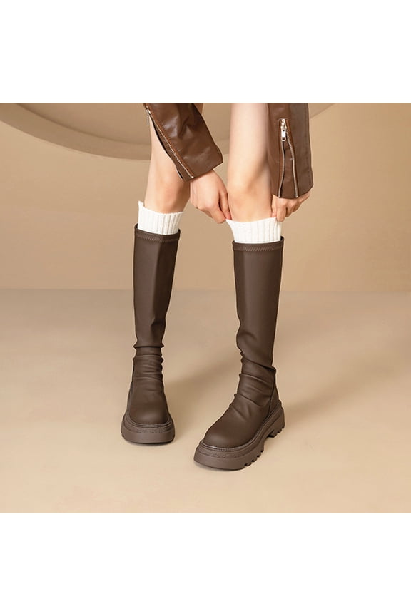 Women's PU Leather Knee High Boots Chunky Sole Design Sock Trim Footwear Round Toe Shoes Trendy Fashion Fall Winter Casual Riding Boots Brown Women Sandals