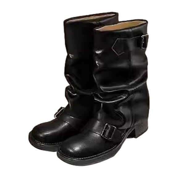 RUIYANQI Women's PU Leather Mid - Calf Boots Buckle Strap Chunky Heel Casual Fall Winter Shoes Retro Motorcycle Booties For Women Black Women Sandal