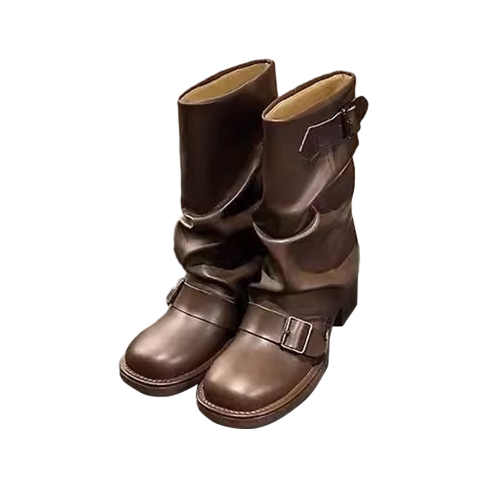 Brown Leather Mid-Calf Boots with Buckle Strap Womens Strappy Buckle Studded Block Heel Mid Calf Boots  main image 3