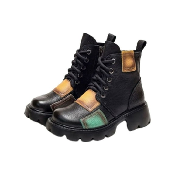 RUIYANQI Women's Patchwork Leather Combat Boots Lace Up Platform Sole Retro Handmade Ankle Booties For Women Black Women Sandal