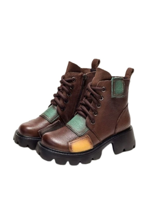 Women's Patchwork Leather Combat Boots Lace Up Platform Sole Retro Handmade Ankle Booties For Women Brown Women Sandal