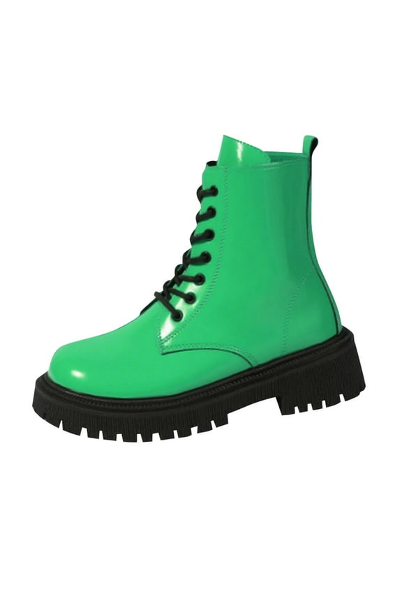 Women's Patent Leather Combat Boots Lace Up Side Zipper Platform Ankle Booties Trendy Fall Winter Footwear Fashion Party Shoes Green Women Sandal