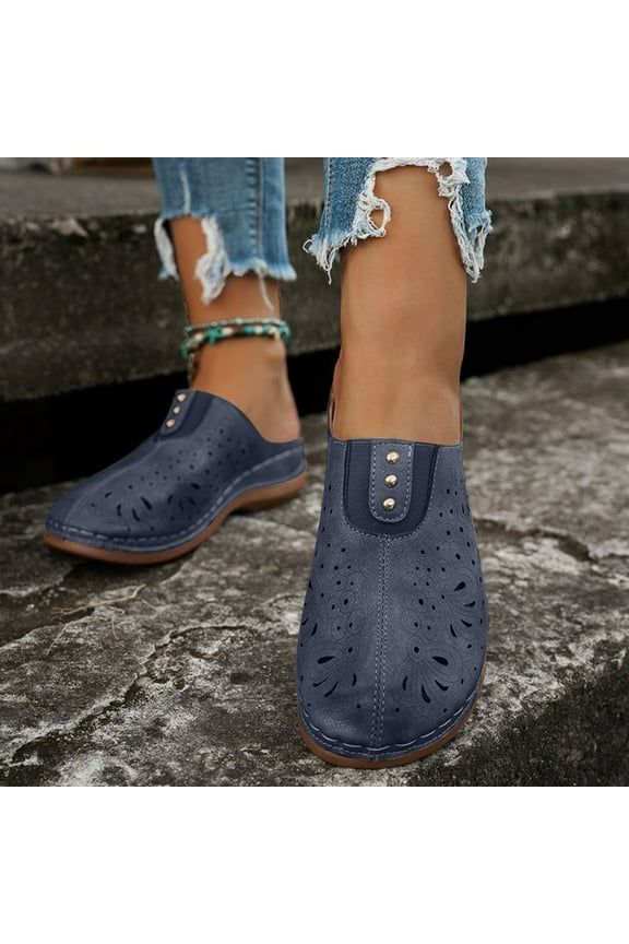 Women's Perforated Leather Mules Slip On Design Studded Decor Open Back Footwear Comfortable Walking Shoes Trendy Fashion Casual Clogs Navy Women Sandals