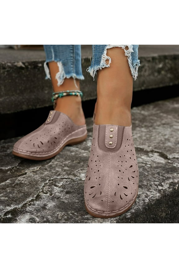 Women's Perforated Leather Mules Slip On Design Studded Decor Open Back Footwear Comfortable Walking Shoes Trendy Fashion Casual Clogs Pink Women Sandals
