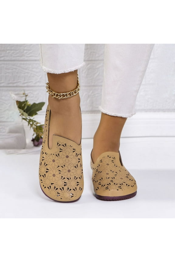 Women's Perforated Loafers Slip On Design Floral Cutout Flats Casual Spring Summer Footwear Comfortable Walking Shoes Trendy Fashion Brown Women Sandal