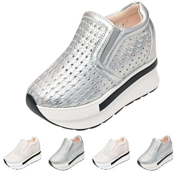 RUIYANQI Women's Perforated Platform Sneakers Slip On Design Wedge Heel Footwear Breathable Casual Shoes Trendy Fashion Disco Party Shoes Silver Women Sandals