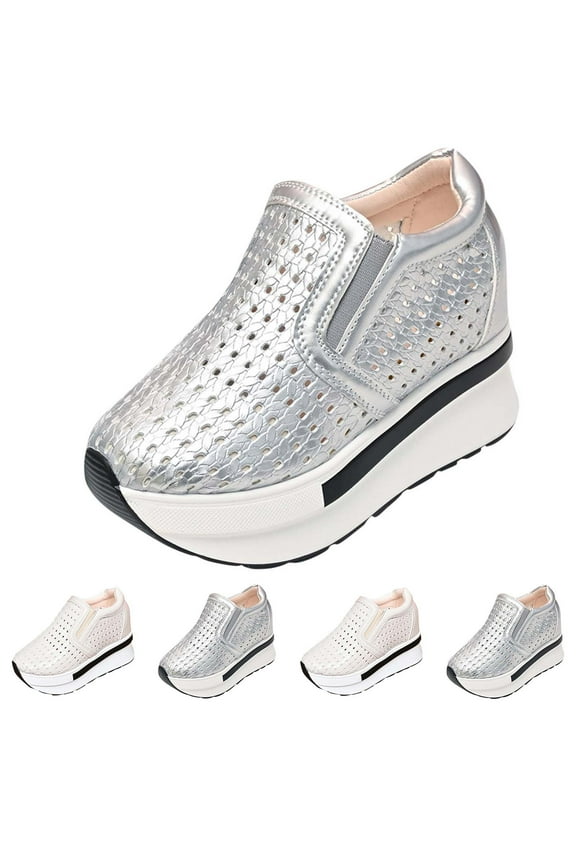 Women's Perforated Platform Sneakers Slip On Design Wedge Heel Footwear Breathable Casual Shoes Trendy Fashion Disco Party Shoes Silver Women Sandals