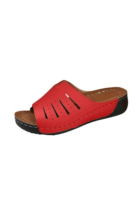 Women's Perforated Wedge Slide Sandals,Open - Toe Summer Footwear with Breathable Cut - Out Design,Casual Shoes in Multiple Colors for Daily Wear Red Women Sandal
