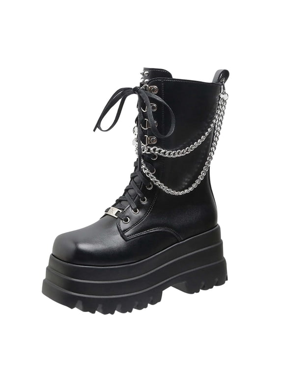 Women's Platform Combat Boots Chain Detail Lace Up Chunky Heel Mid Calf Boots Gothic Punk Style Ankle Booties Fall Winter Fashion Footwear Black Women Sandal