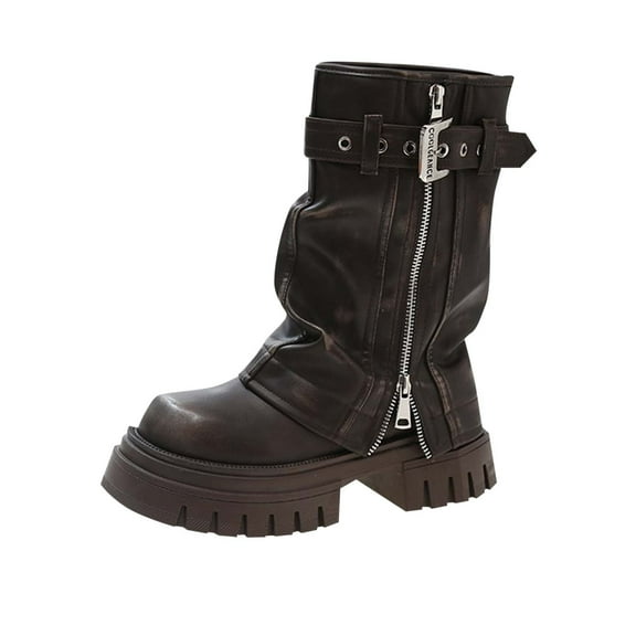 RUIYANQI Women's Platform Moto Boots Buckle Strap Zipper Mid Calf Boots Trendy Chunky Heel Biker Boots Casual Fall Winter Fashion Footwear Edgy Street Style Shoes Black Women Sandal