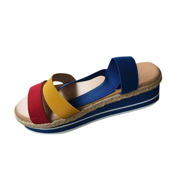 RUIYANQI Women's Platform Wedge Sandals Color Block Elastic Strap Open Toe Summer Casual Beach Shoes Non Slip Comfortable Espadrille Sandals For Women Blue Women Sandal