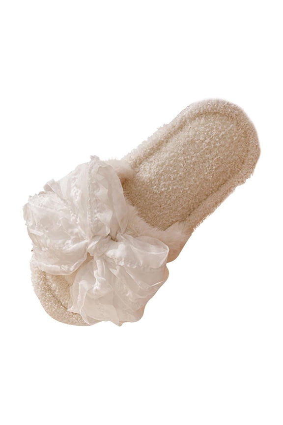 Women's Plush Bow Slide Slippers - Fluffy Open Toe House Shoes, Trendy Ruffle Decor Bedroom Footwear, Cozy Soft Anti Slip Indoor Pumps, Cute Aesthetic Relaxing Shoes