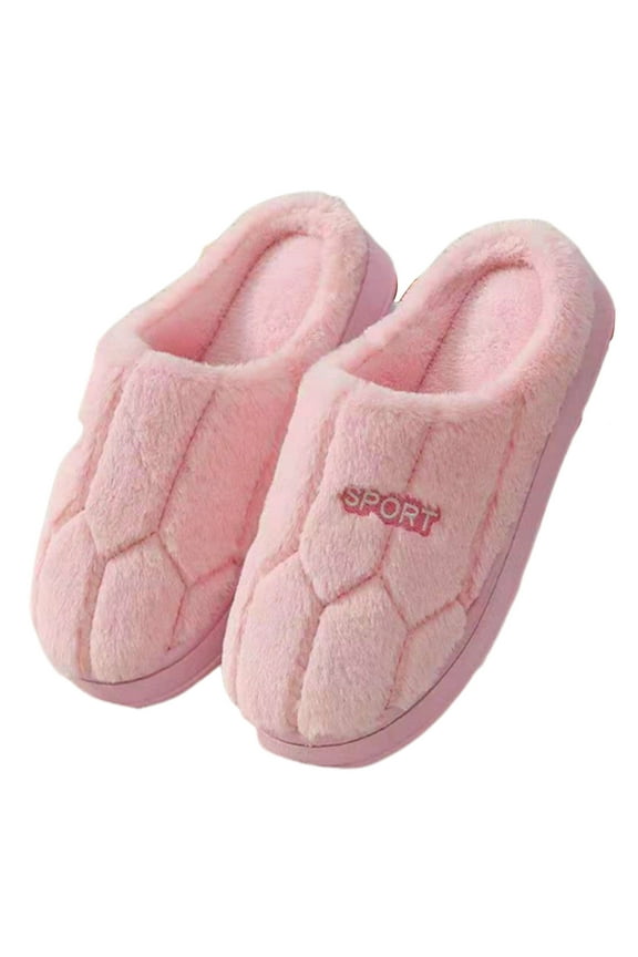 Women's Plush House Slippers Quilted Design Sport Label Anti-Slip Soft Sole Warm Winter Indoor Slides For Women Pink Women Sandal