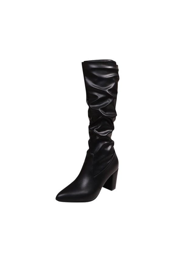 Women's Pointed Toe Knee High Boots Chunky Heel Slouchy Booties Faux Leather Footwear Trendy Casual Dress Shoes for Fall Black Women Sandal