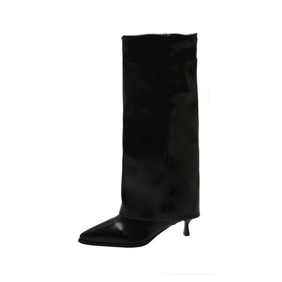 RUIYANQI Women's Pointed Toe Knee High Boots Stiletto Heel Leather Booties Trendy Fashion Footwear Elegant Party Dress Shoes for Women Black Women Sandal