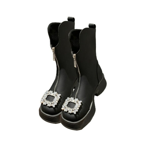 RUIYANQI Women's Rhinestone Buckle Ankle Boots Side Zip Platform Sole Patent Leather Fashion Winter Booties For Women Black Women Sandal