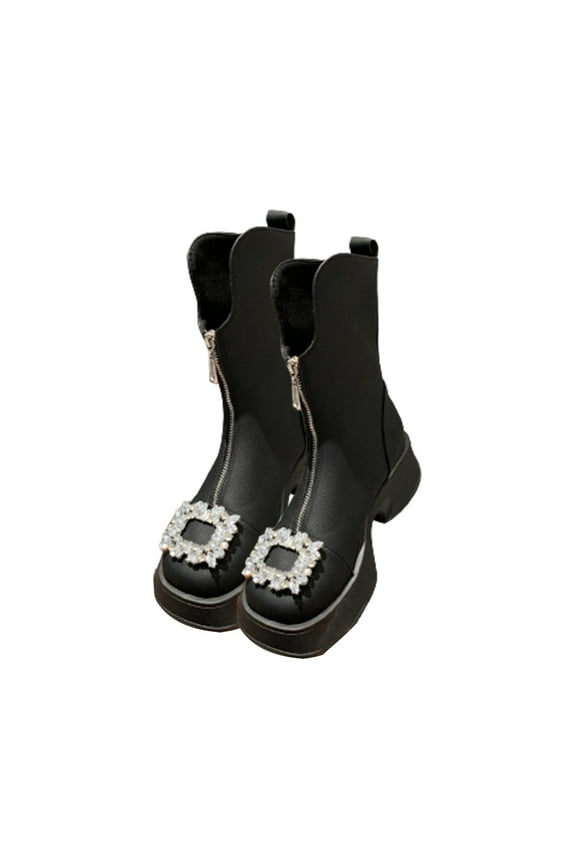 Women's Rhinestone Buckle Ankle Boots Side Zip Platform Sole Patent Leather Fashion Winter Booties For Women Black Women Sandal