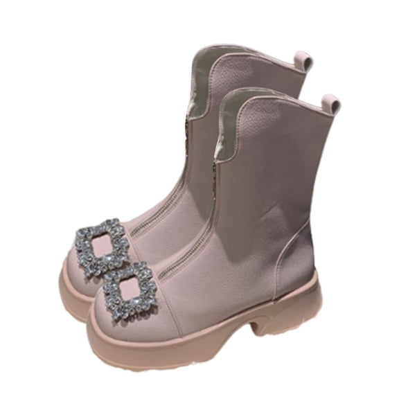 RUIYANQI Women's Rhinestone Buckle Ankle Boots Side Zip Platform Sole Patent Leather Fashion Winter Booties For Women Pink Women Sandal