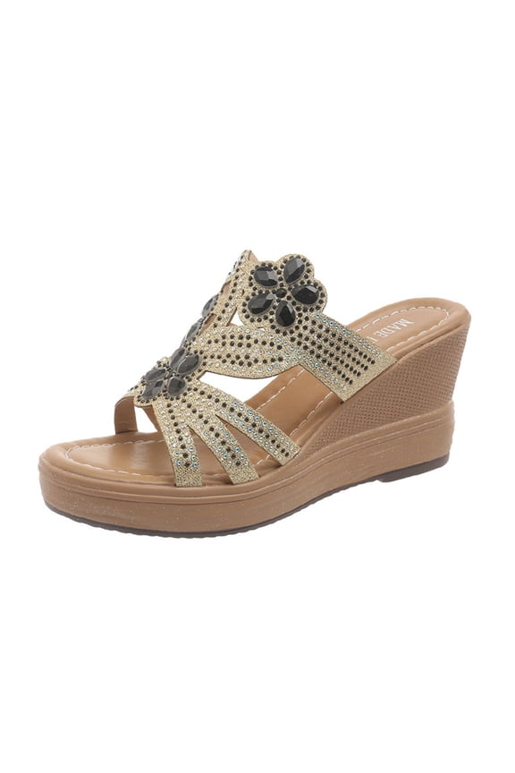 Women's Rhinestone Double Strap Flat Slides Sparkly Crystal Sandals Trendy Summer Footwear Comfortable Casual Shoes Black Women Sandal